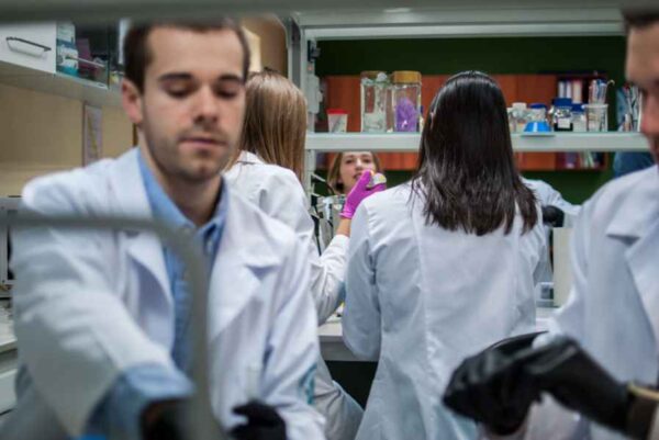 Several professionals in lab coats engaged in teamwork while conducting research in a laboratory environment.