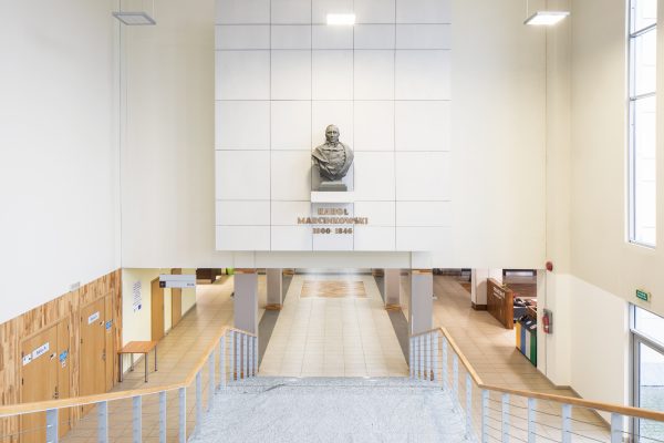 Main Library - staircase with sculpture